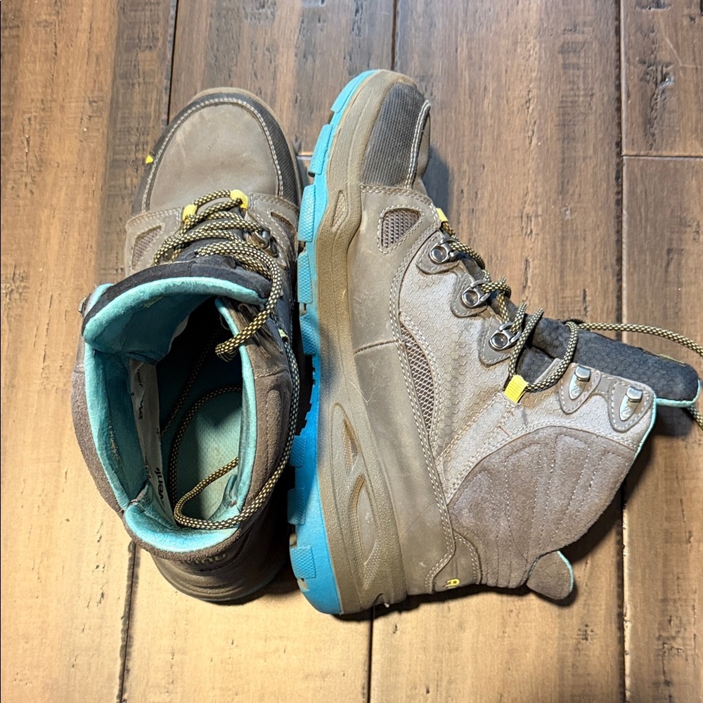 Ahnu Gray Hiking Boots with Teal and Yellow Accents - Picture 3 of 16
